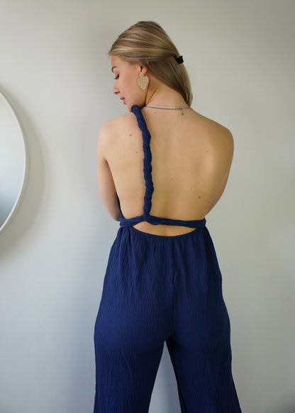 Cotton halter jumpsuit donkerblauw - Britt - Styles And More