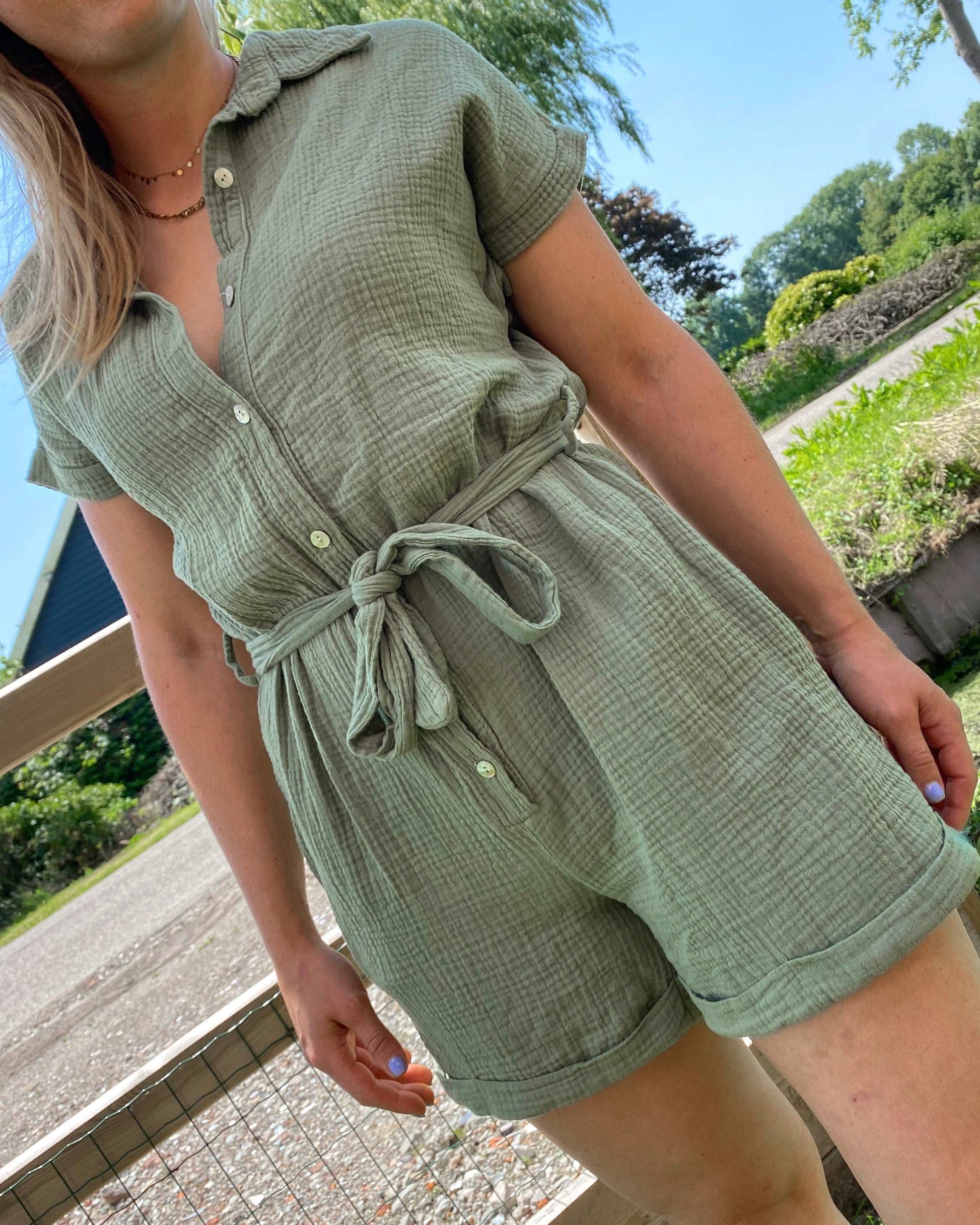 Cotton playsuit army groen - Naomi - Styles And More