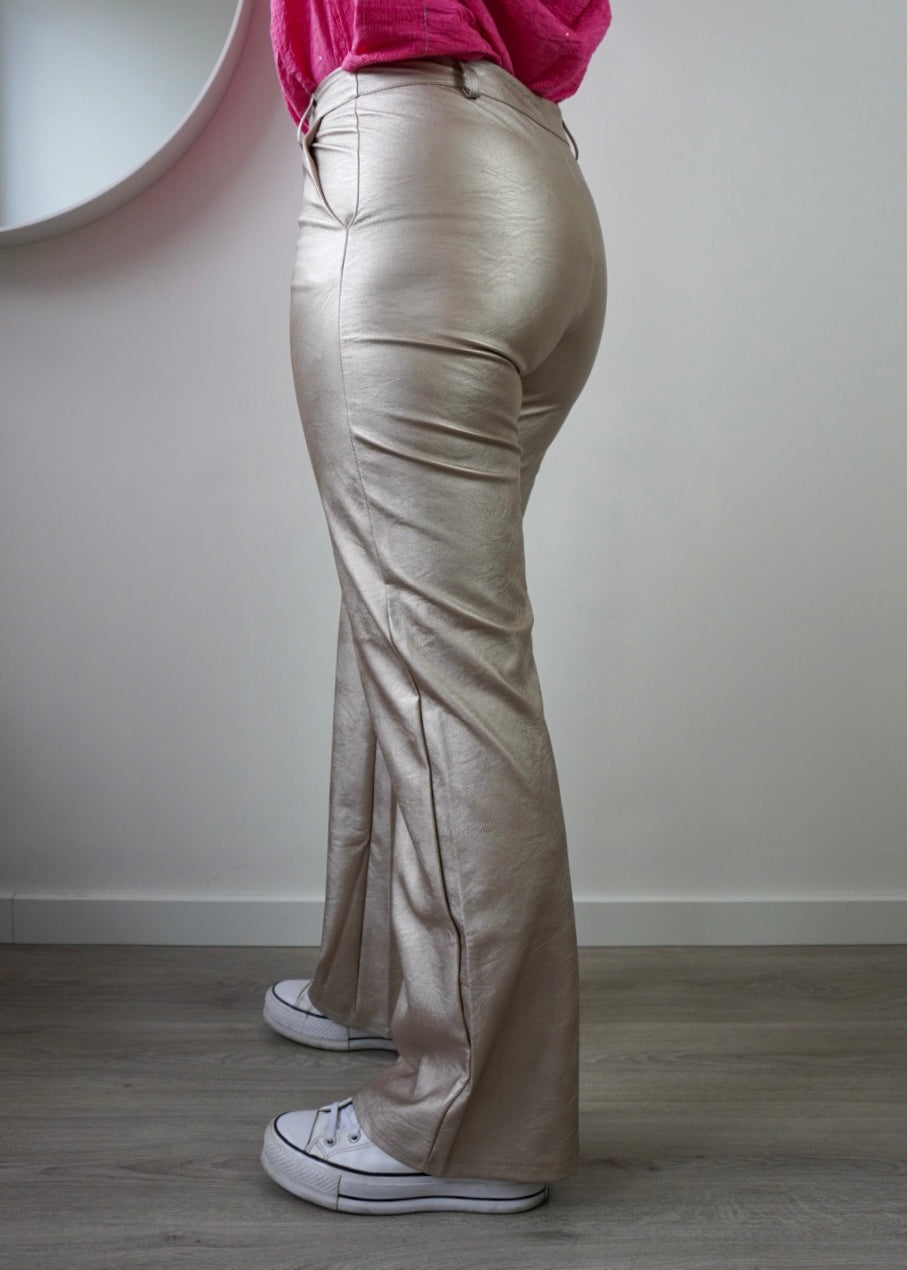 Metallic leather straight leg pants champagne - Luna - Styles And More