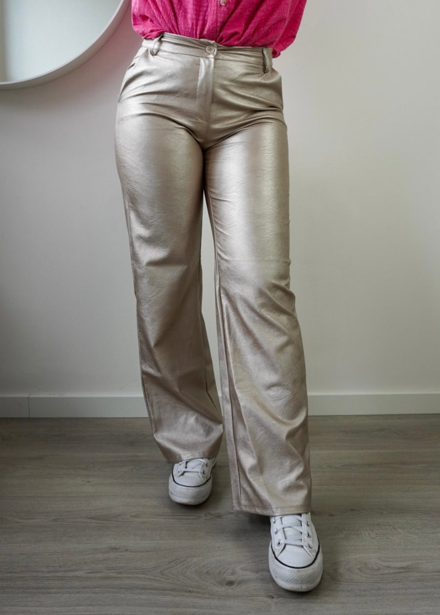 Metallic leather straight leg pants champagne - Luna - Styles And More